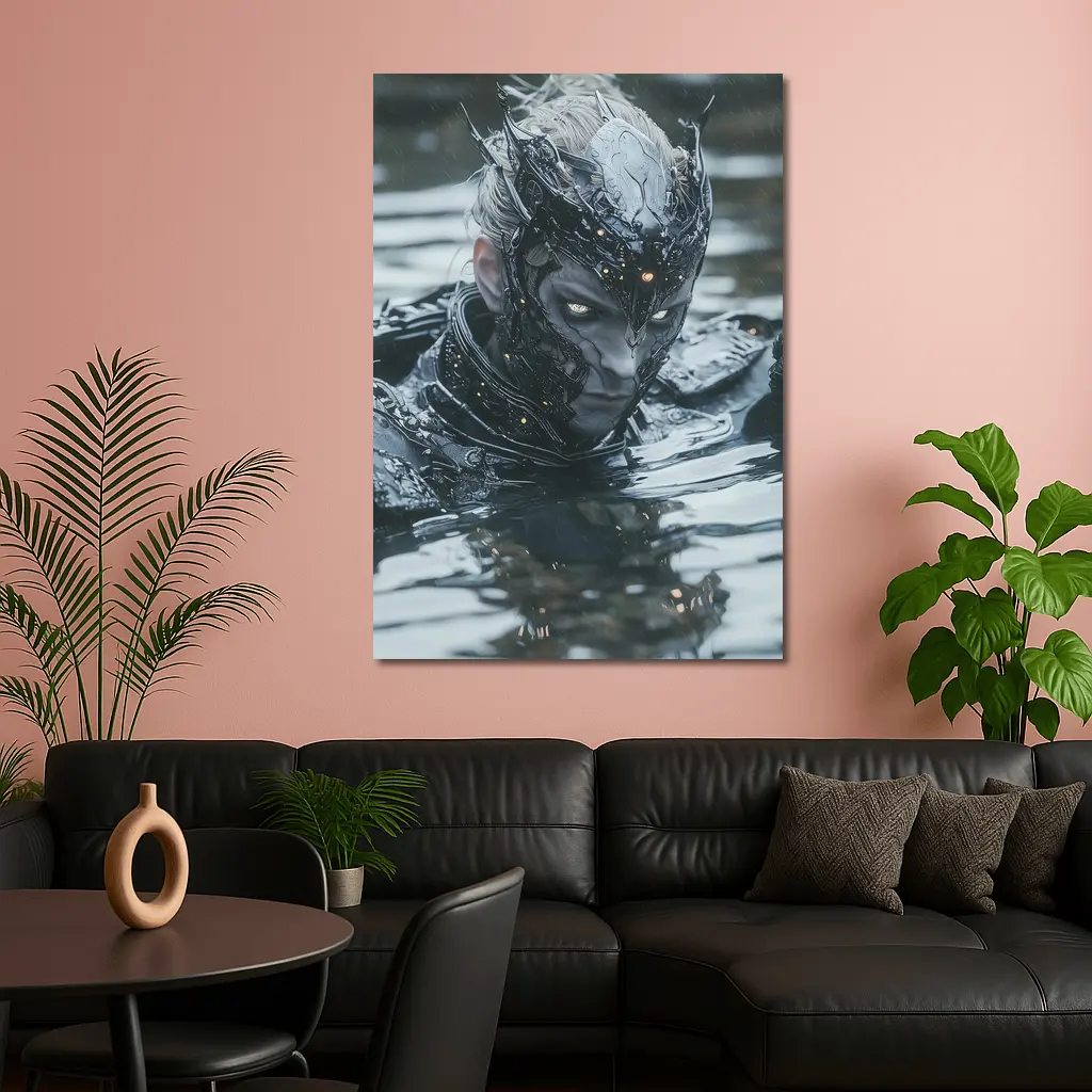 Dark Armored Warrior Rising From Water – Wall Art