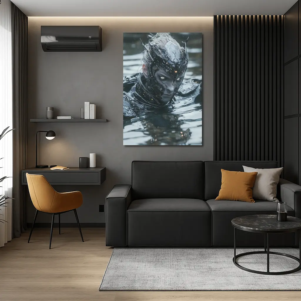 Dark Armored Warrior Rising From Water – Wall Art