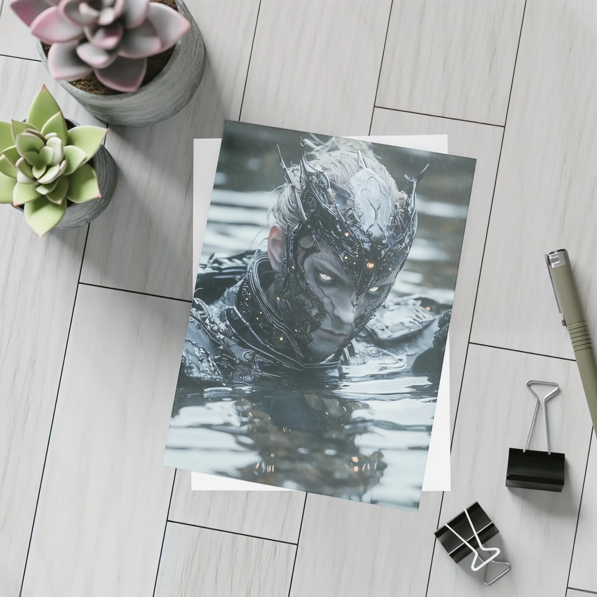 Dark Armored Warrior Rising From Water – Postcards