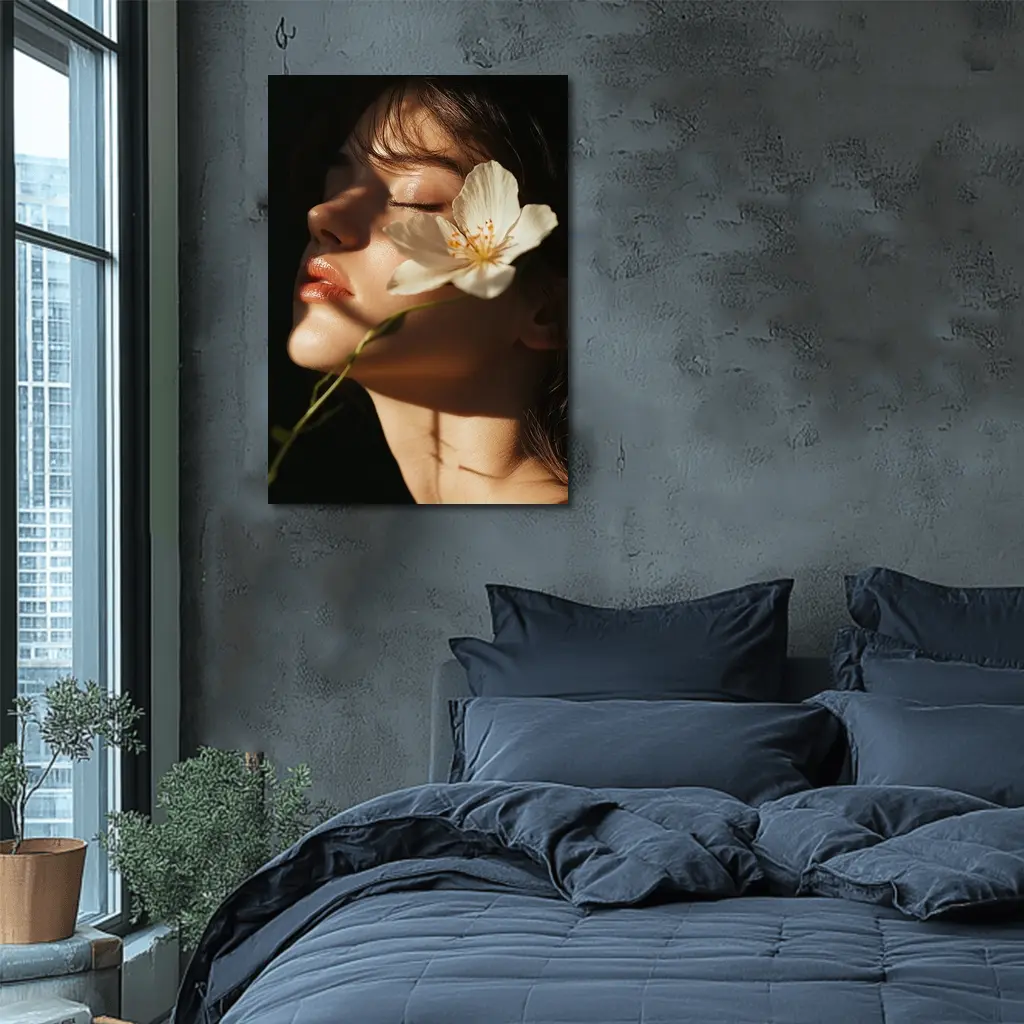 Woman With White Flower Dark Background – Wall Art