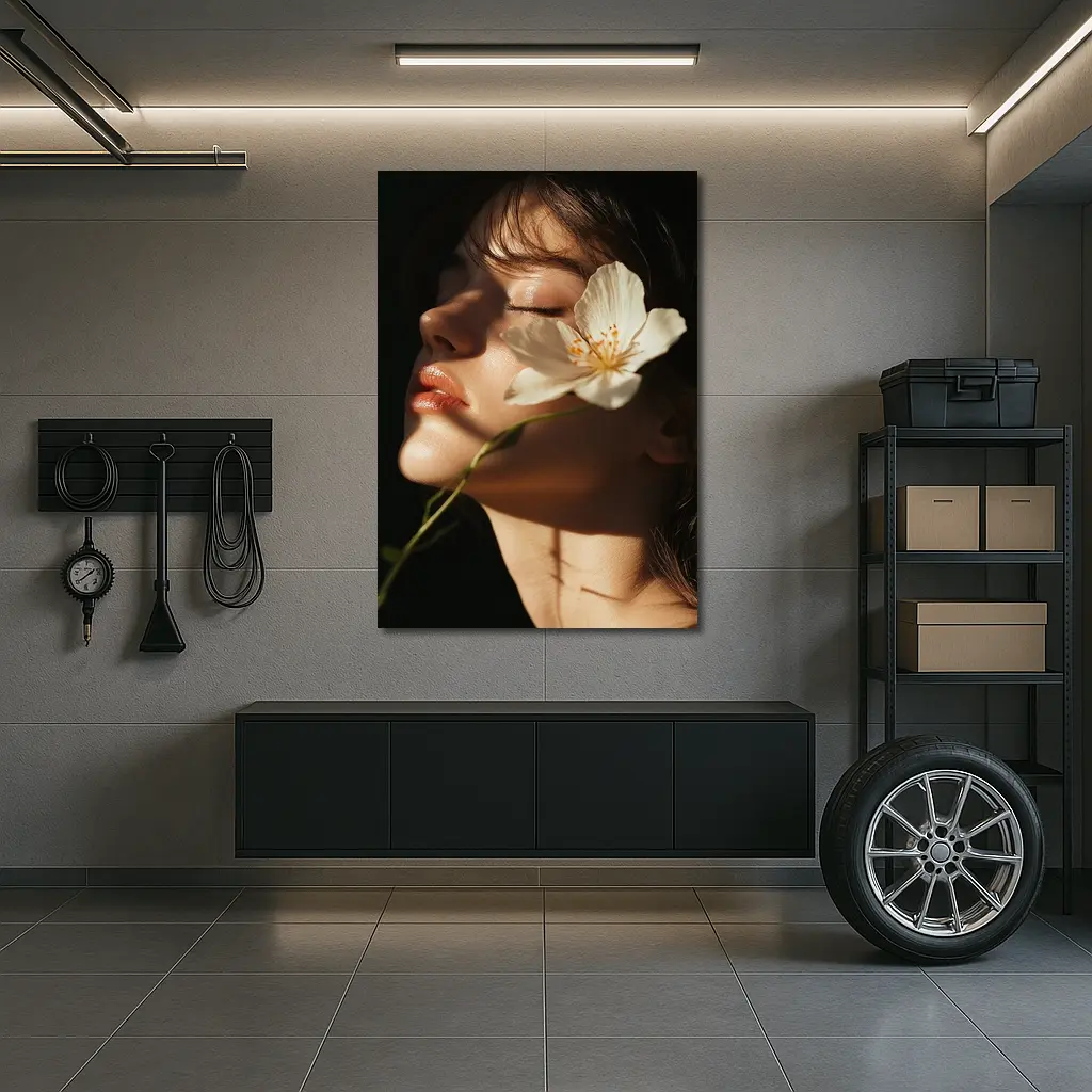Woman With White Flower Dark Background – Wall Art