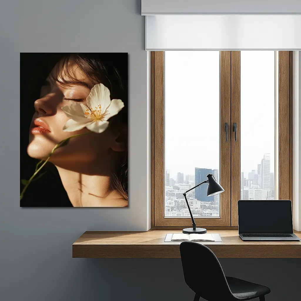 Woman With White Flower Dark Background – Wall Art