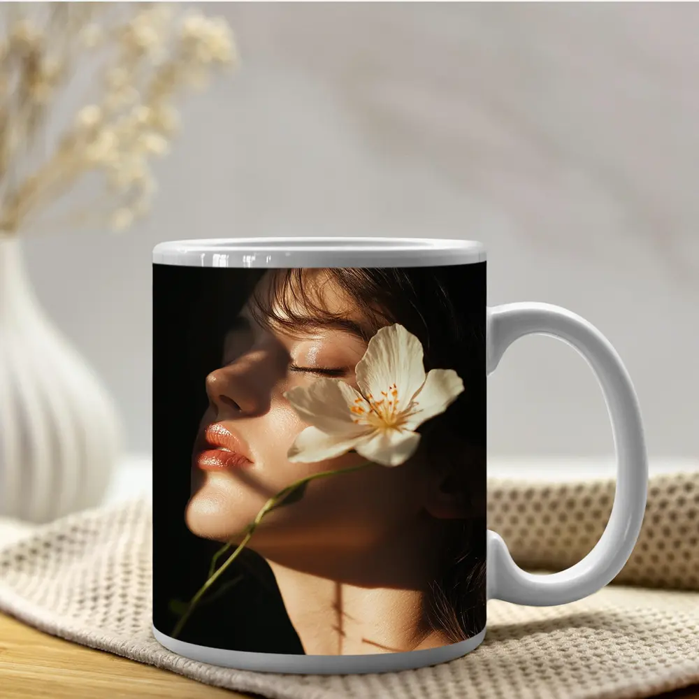 Woman With White Flower Dark Background – Mugs