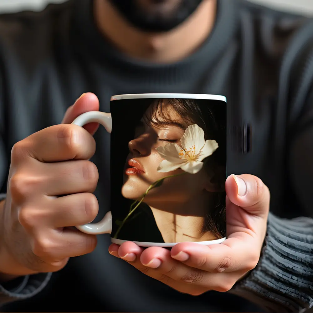 Woman With White Flower Dark Background – Mugs