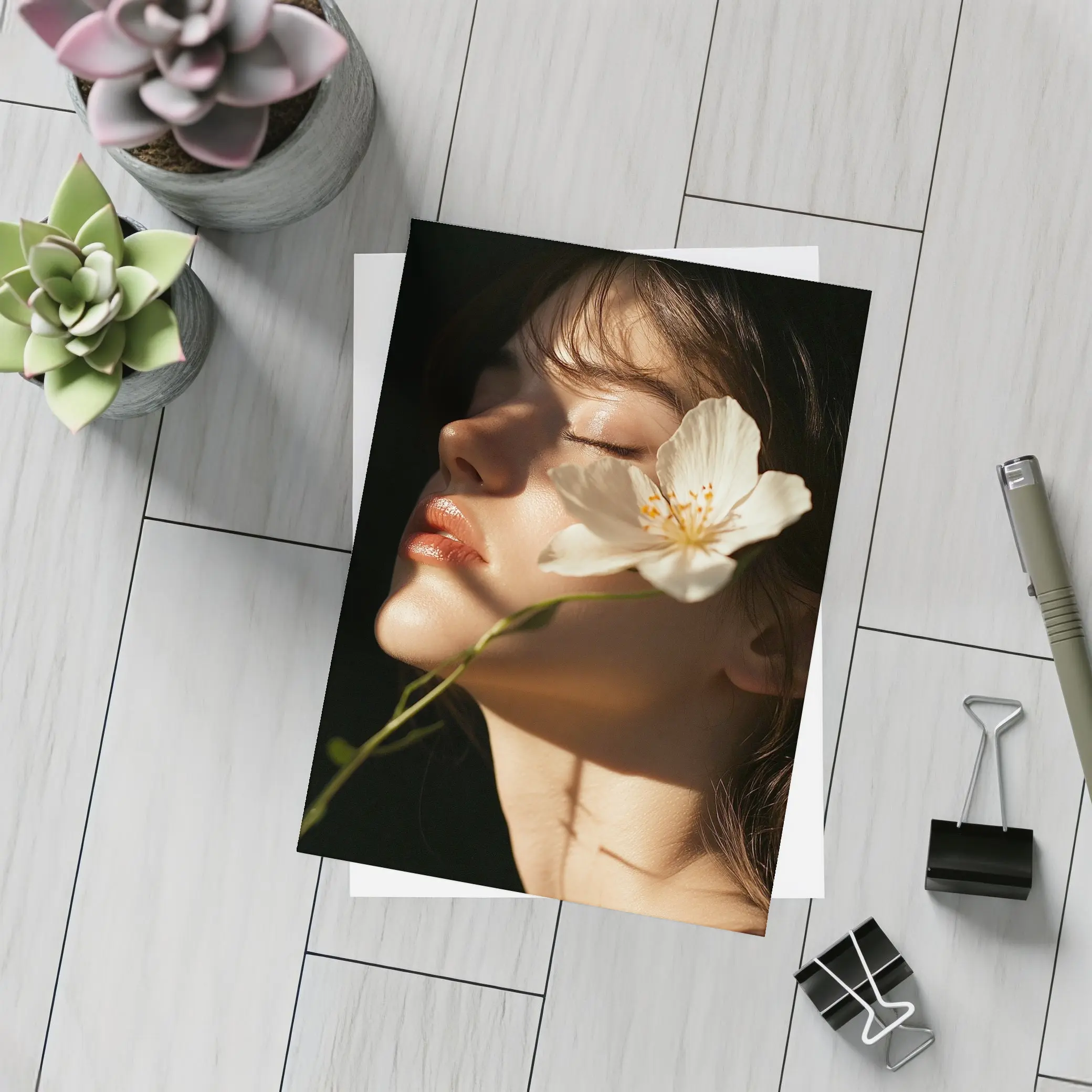 Woman With White Flower Dark Background – Postcards