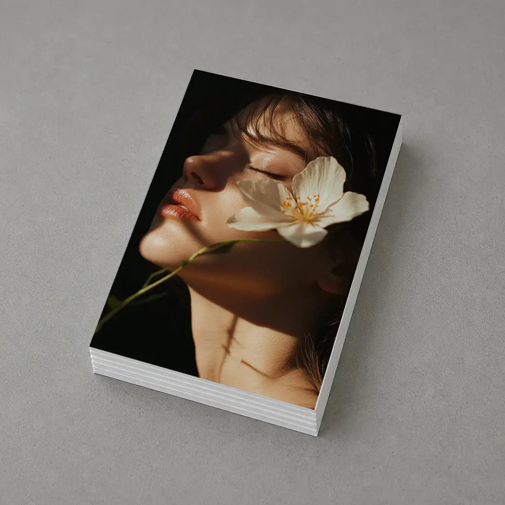 Woman With White Flower Dark Background – Postcards