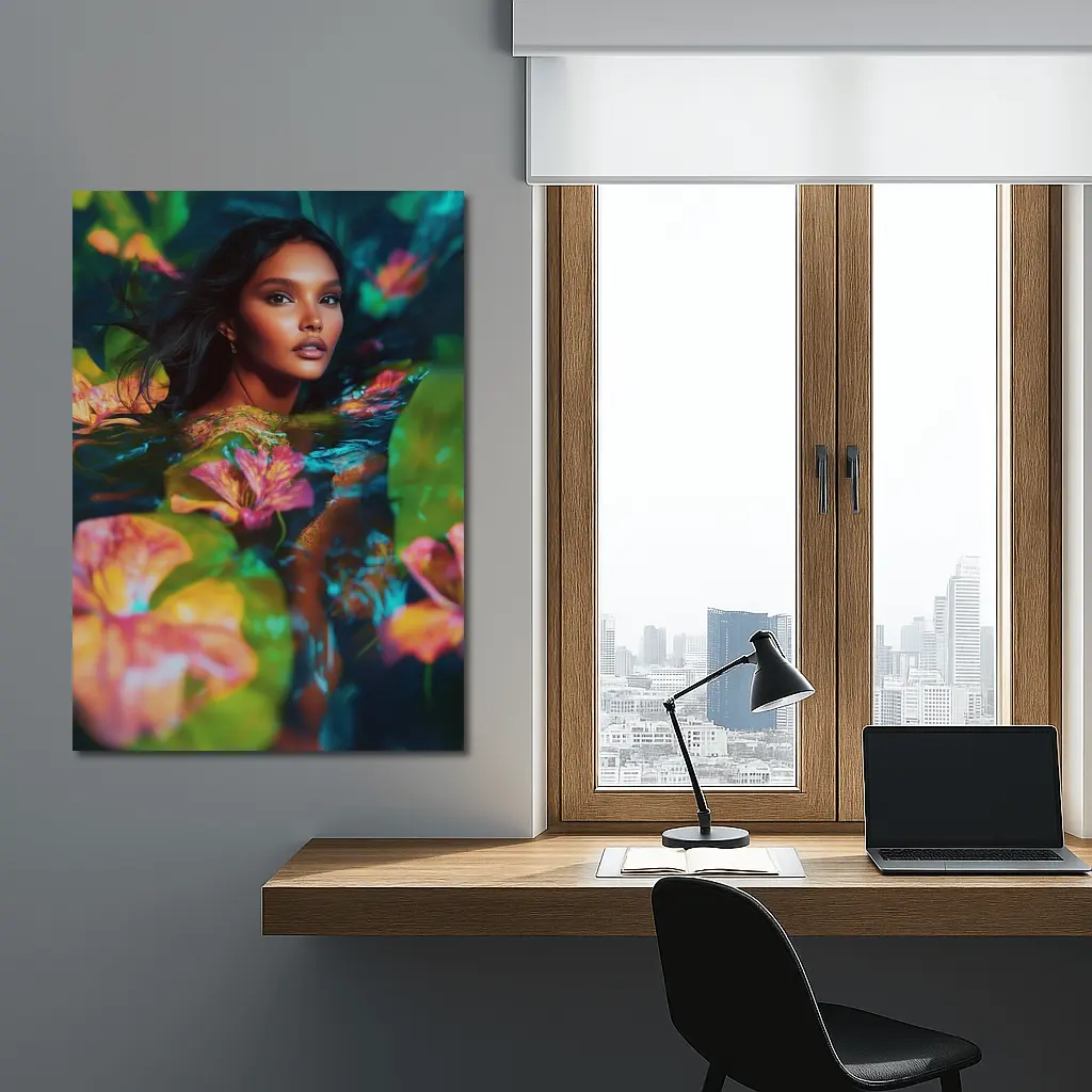 Woman Surrounded By Tropical Flowers Water – Wall Art