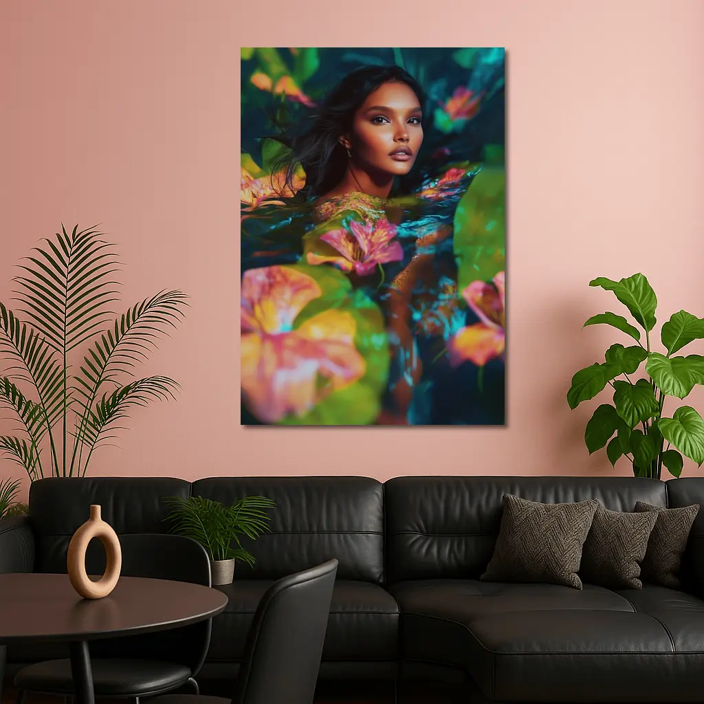 Woman Surrounded By Tropical Flowers Water – Wall Art
