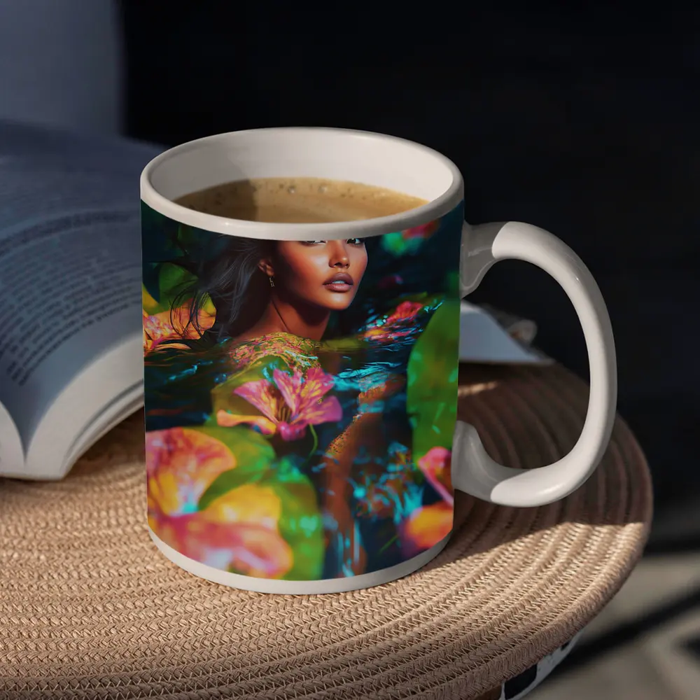 Woman Surrounded By Tropical Flowers Water – Mugs