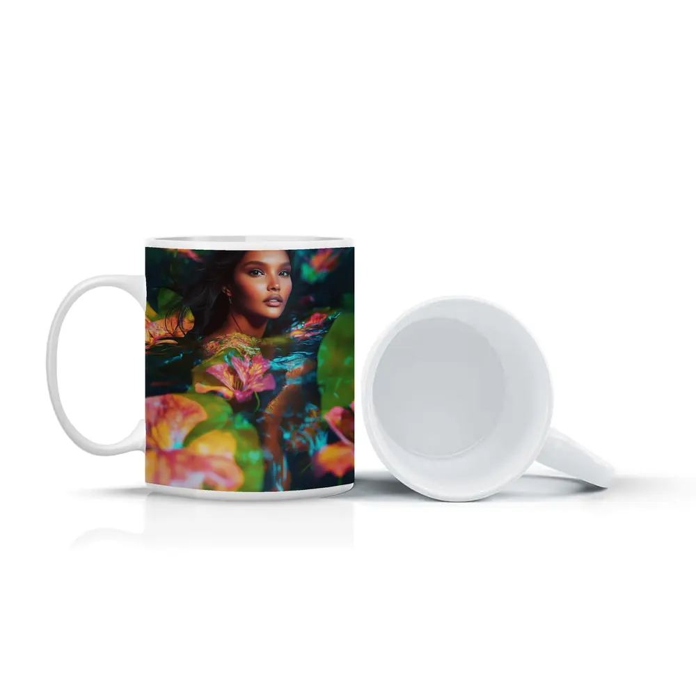 Woman Surrounded By Tropical Flowers Water – Mugs