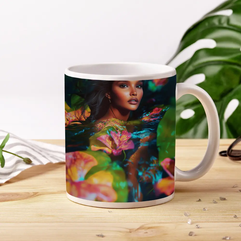 Woman Surrounded By Tropical Flowers Water – Mugs