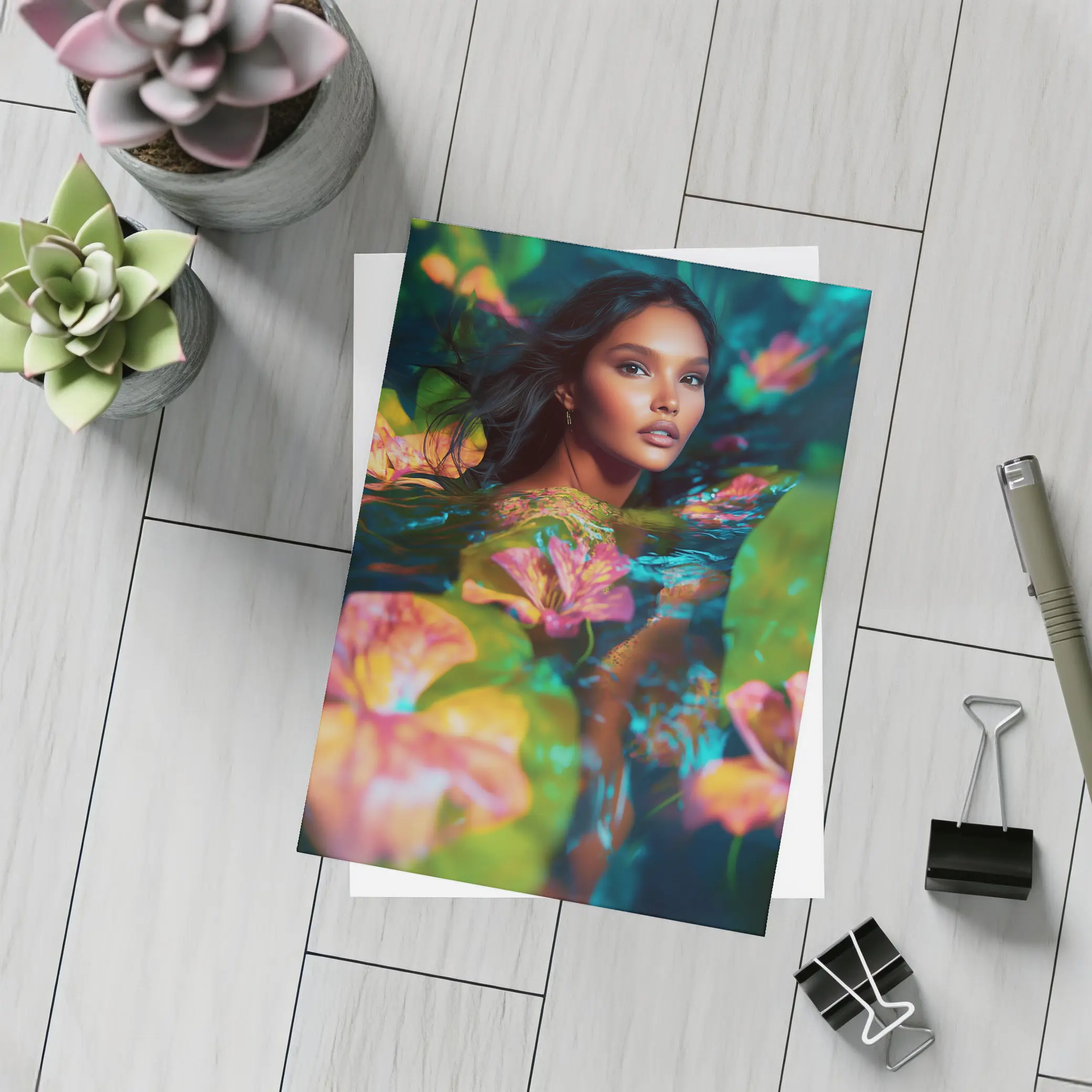 Woman Surrounded By Tropical Flowers Water – Postcards