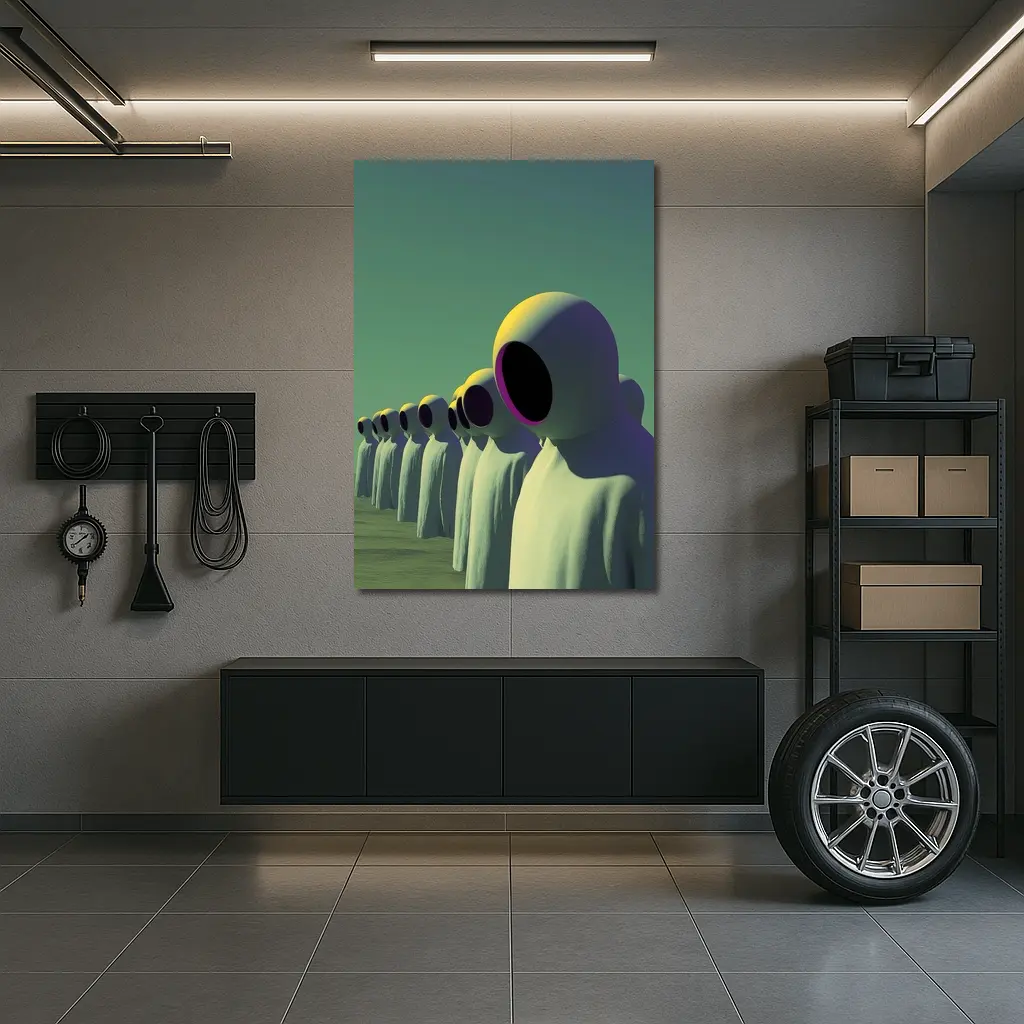Alien Figures Row Surreal Green Desert – Wall Art