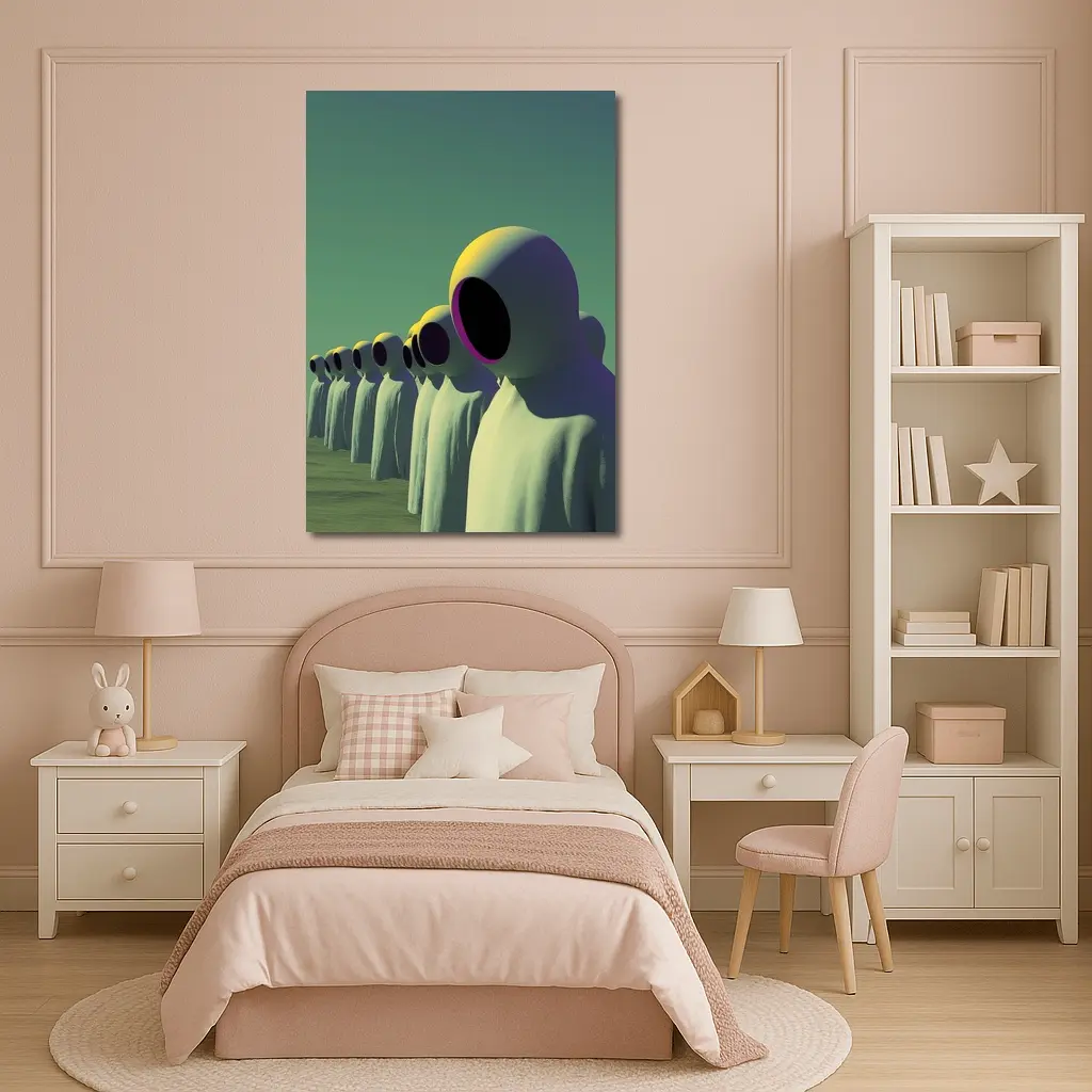 Alien Figures Row Surreal Green Desert – Wall Art