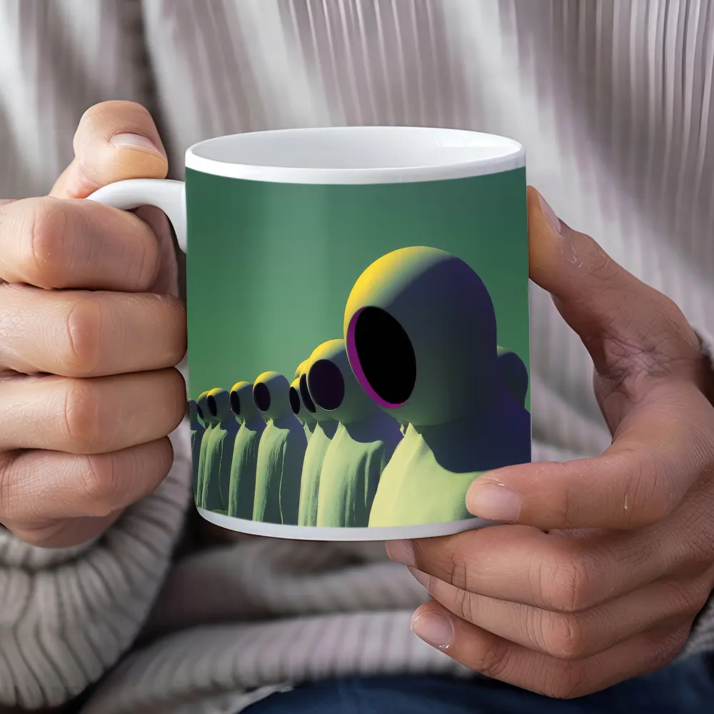 Alien Figures Row Surreal Green Desert – Mugs