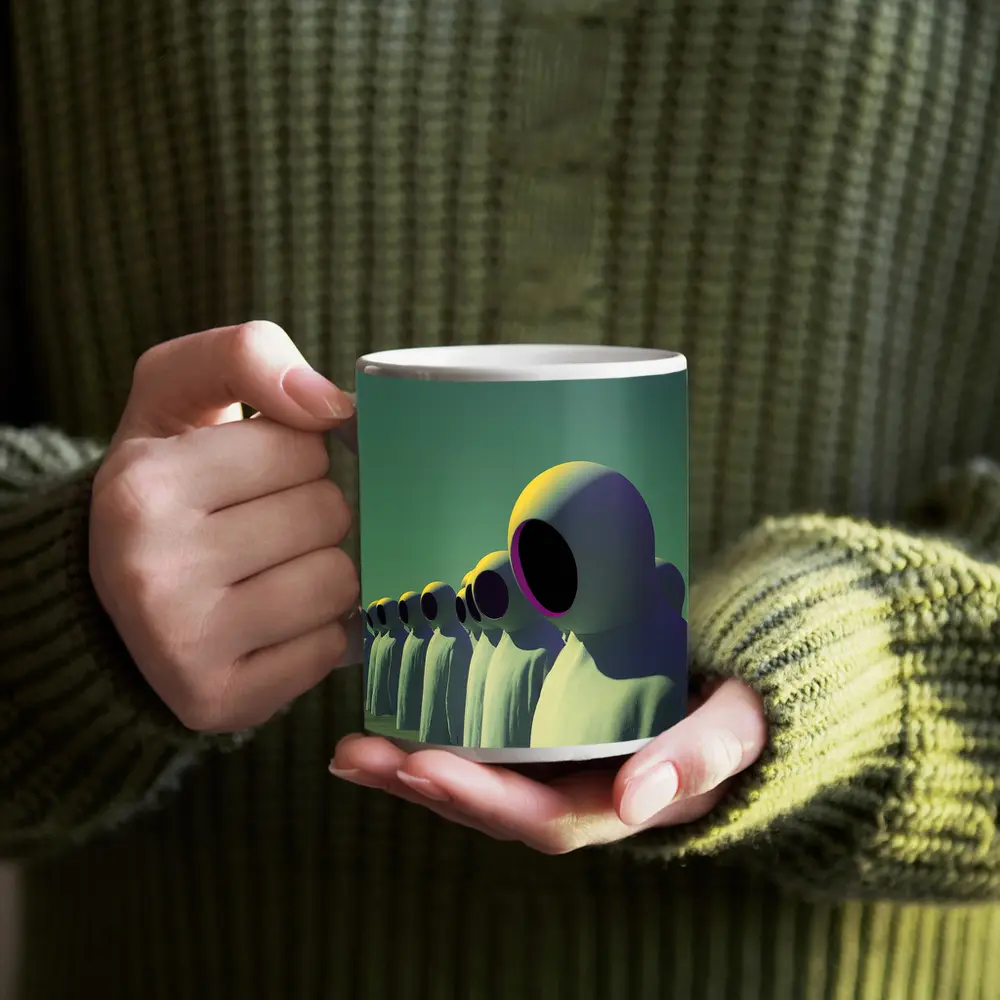 Alien Figures Row Surreal Green Desert – Mugs