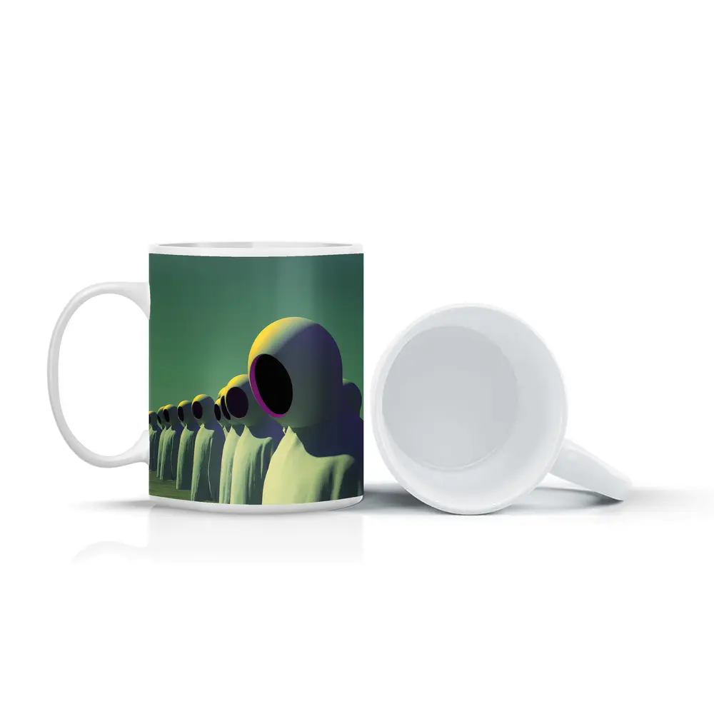 Alien Figures Row Surreal Green Desert – Mugs
