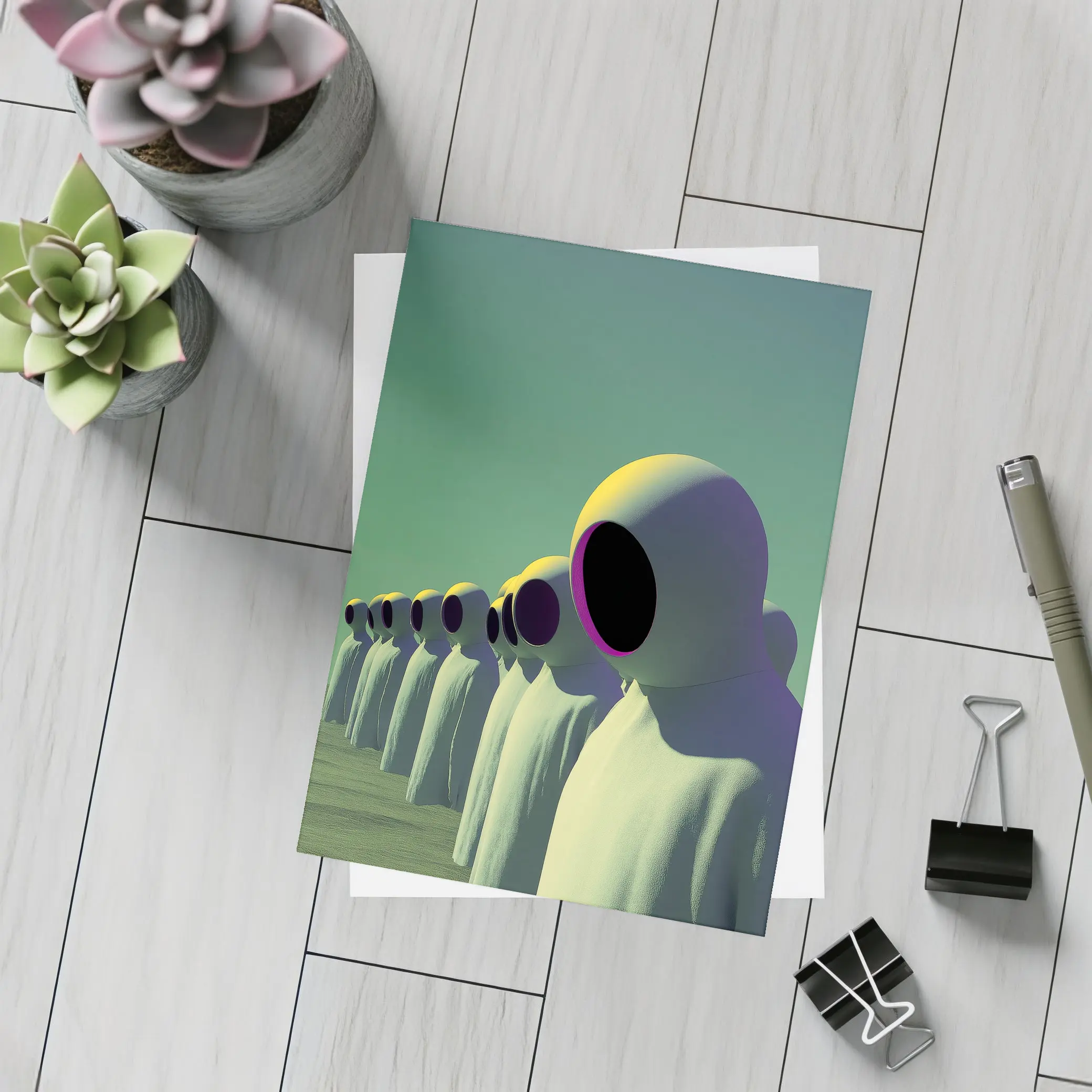 Alien Figures Row Surreal Green Desert – Postcards