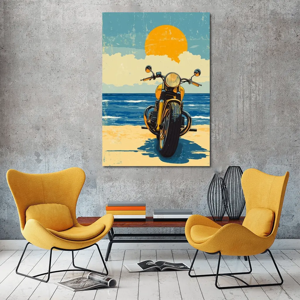 Retro Motorcycle Parked On Sunny Beach – Wall Art
