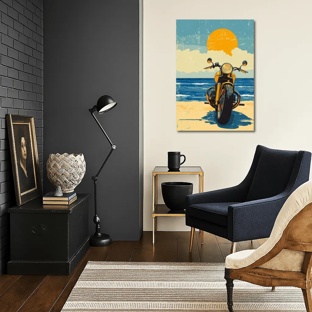 Retro Motorcycle Parked On Sunny Beach – Wall Art
