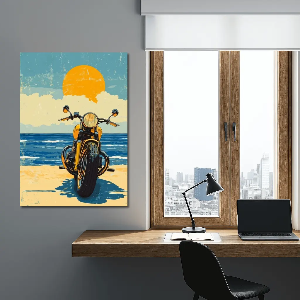 Retro Motorcycle Parked On Sunny Beach – Wall Art