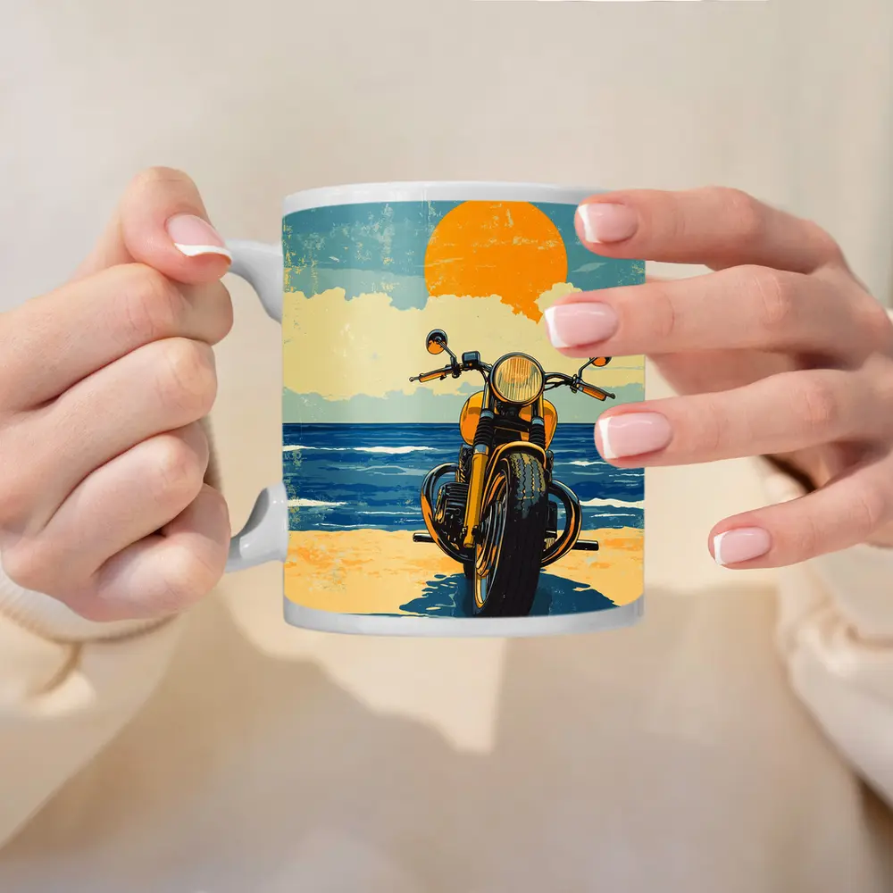 Retro Motorcycle Parked On Sunny Beach – Mugs