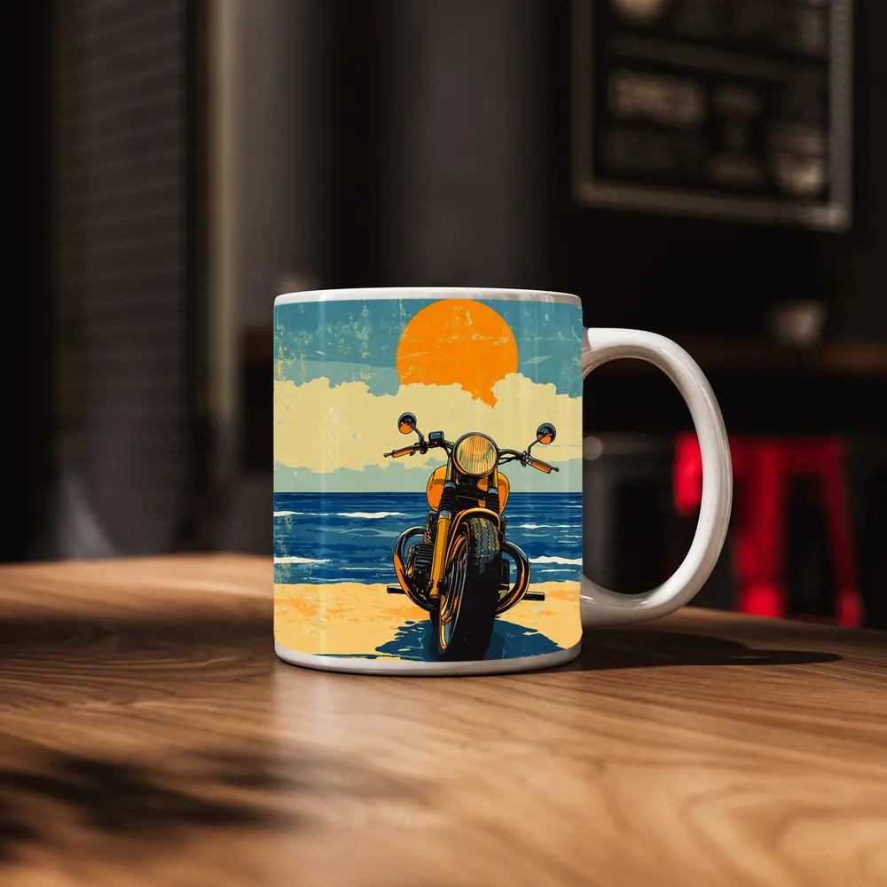 Retro Motorcycle Parked On Sunny Beach – Mugs