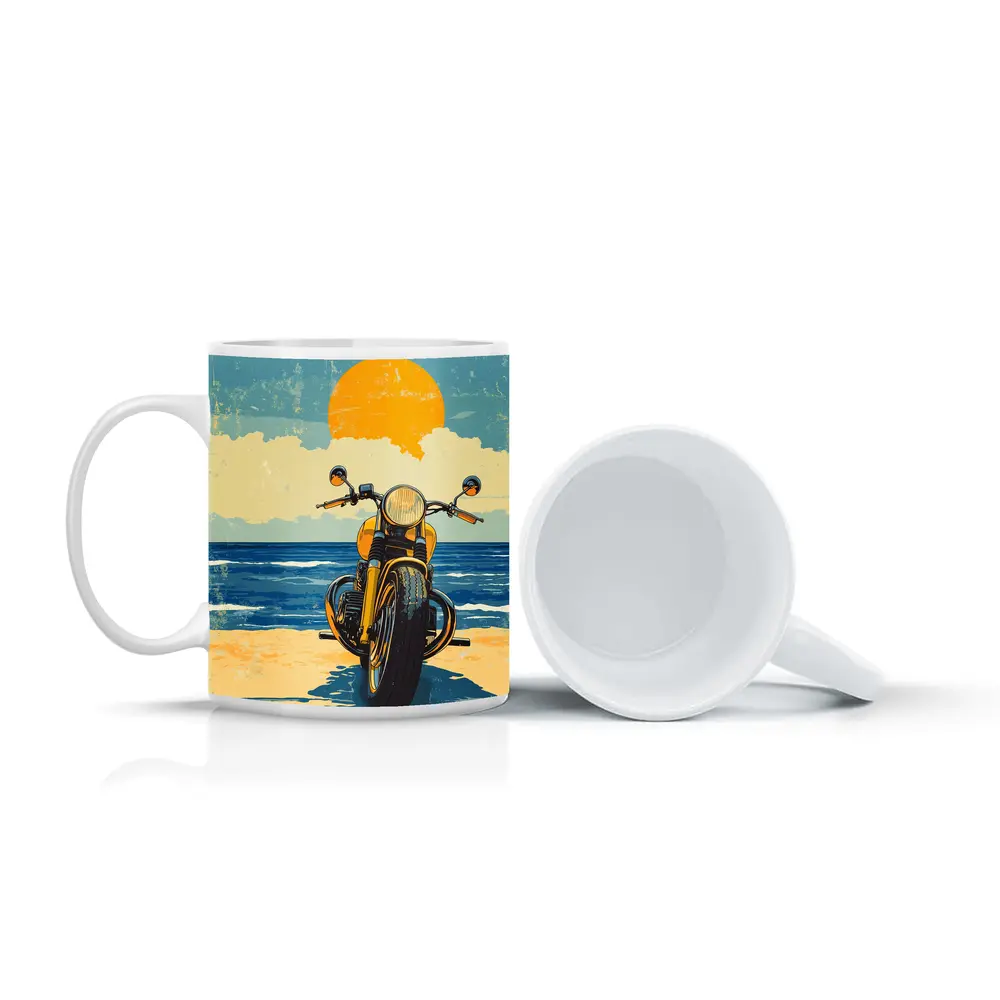 Retro Motorcycle Parked On Sunny Beach – Mugs