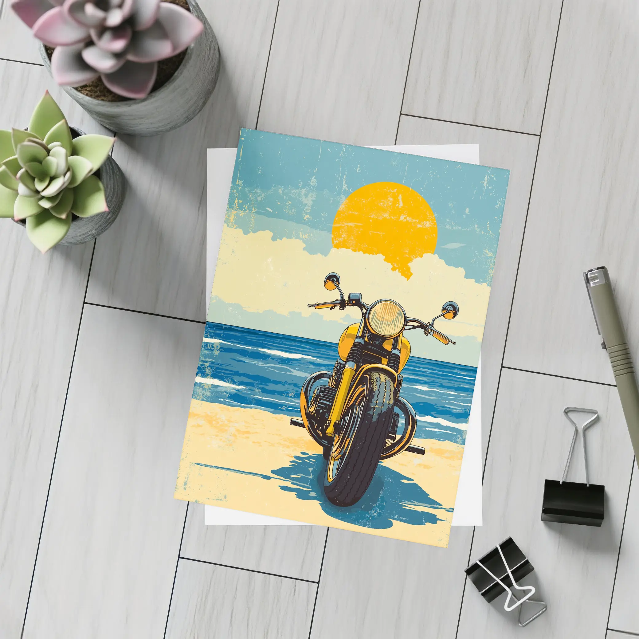 Retro Motorcycle Parked On Sunny Beach – Postcards