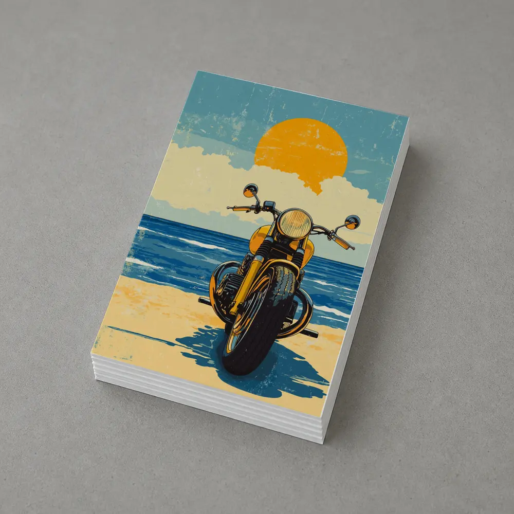 Retro Motorcycle Parked On Sunny Beach – Postcards
