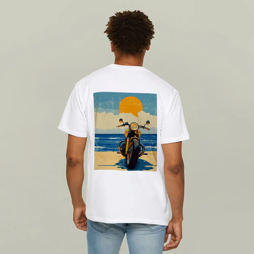 Retro Motorcycle Parked On Sunny Beach – T-Shirts