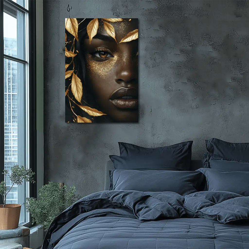 Black Woman Gold Glitter Leaves Dark Background – Wall Art