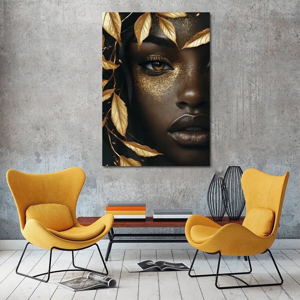 Black Woman Gold Glitter Leaves Dark Background – Wall Art