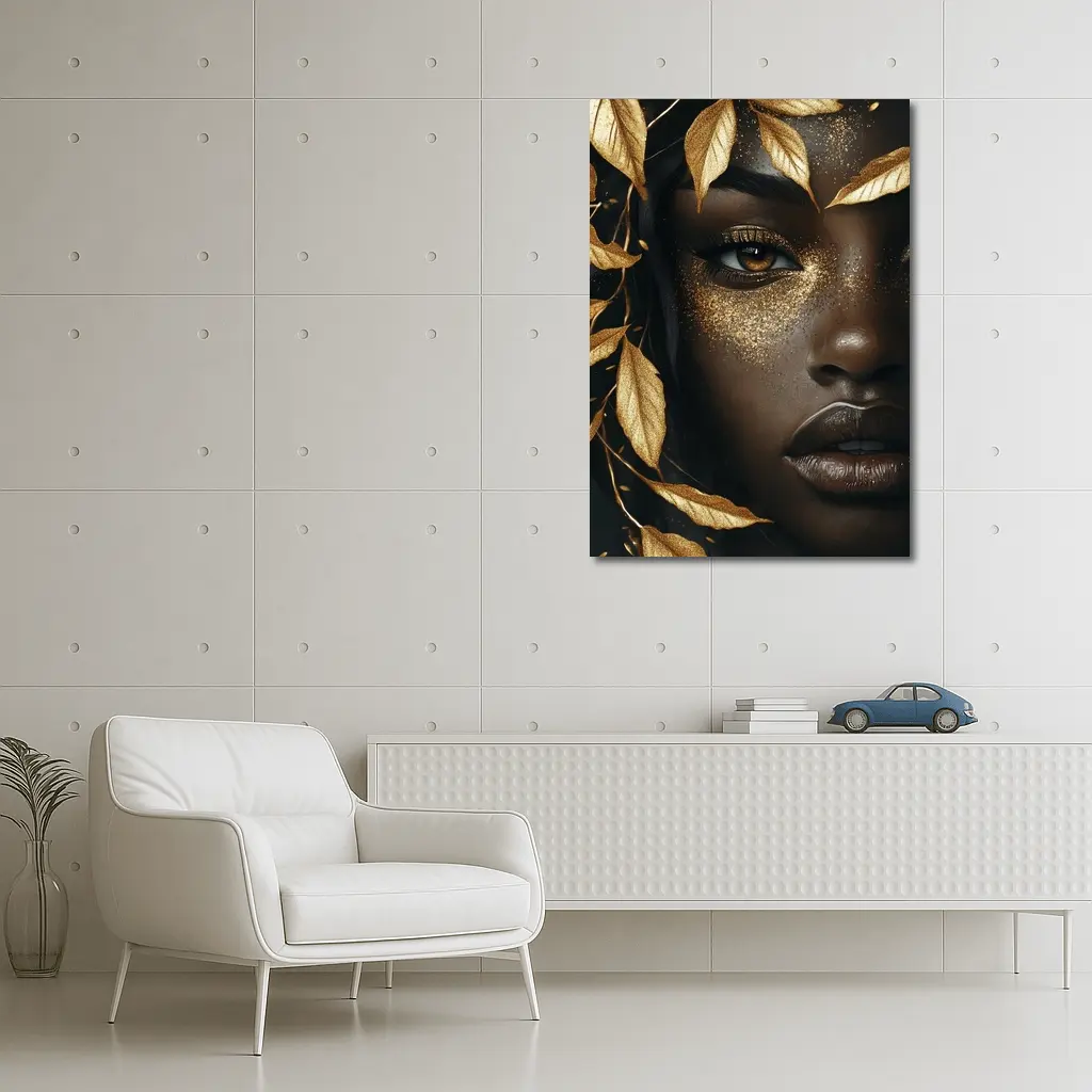 Black Woman Gold Glitter Leaves Dark Background – Wall Art