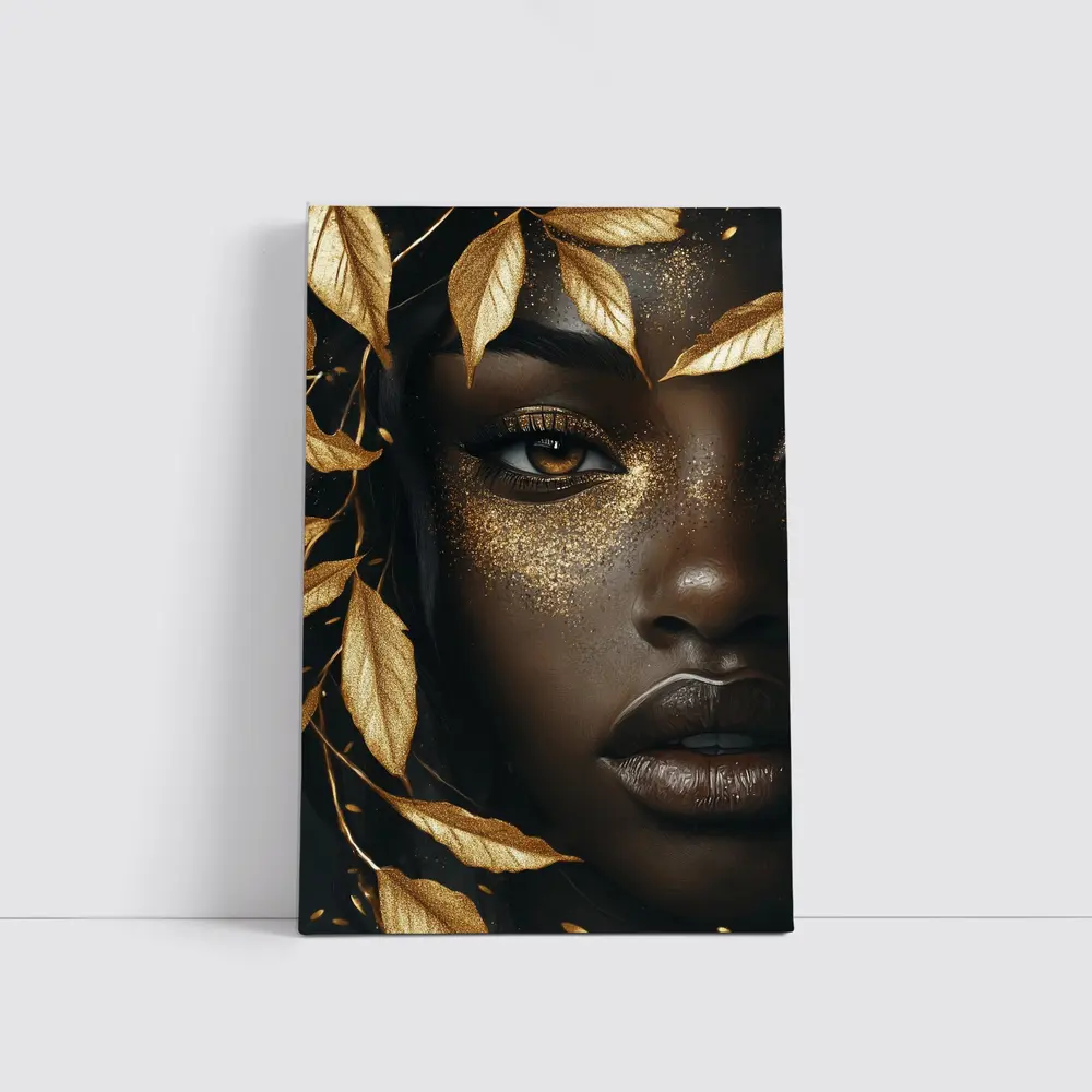 Black Woman Gold Glitter Leaves Dark Background – Wall Art