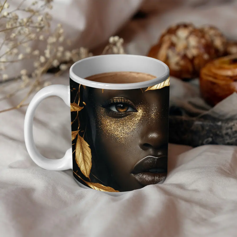 Black Woman Gold Glitter Leaves Dark Background – Mugs