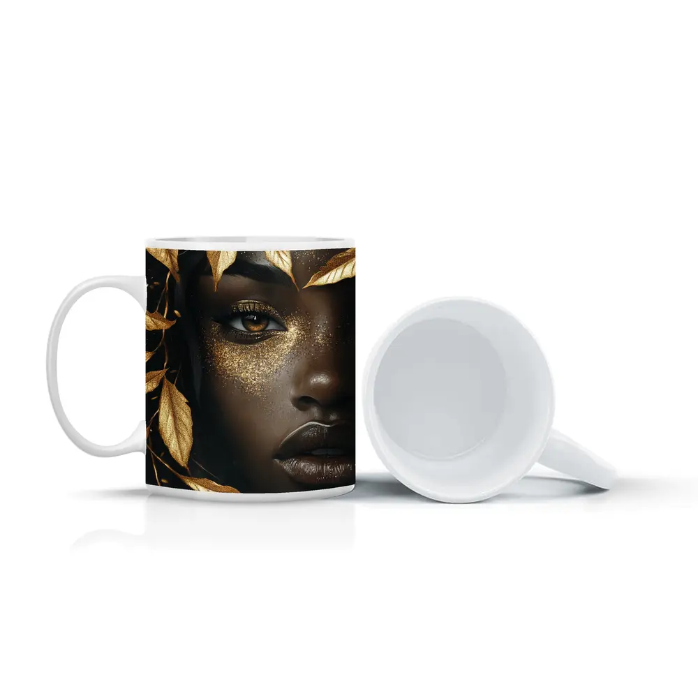 Black Woman Gold Glitter Leaves Dark Background – Mugs