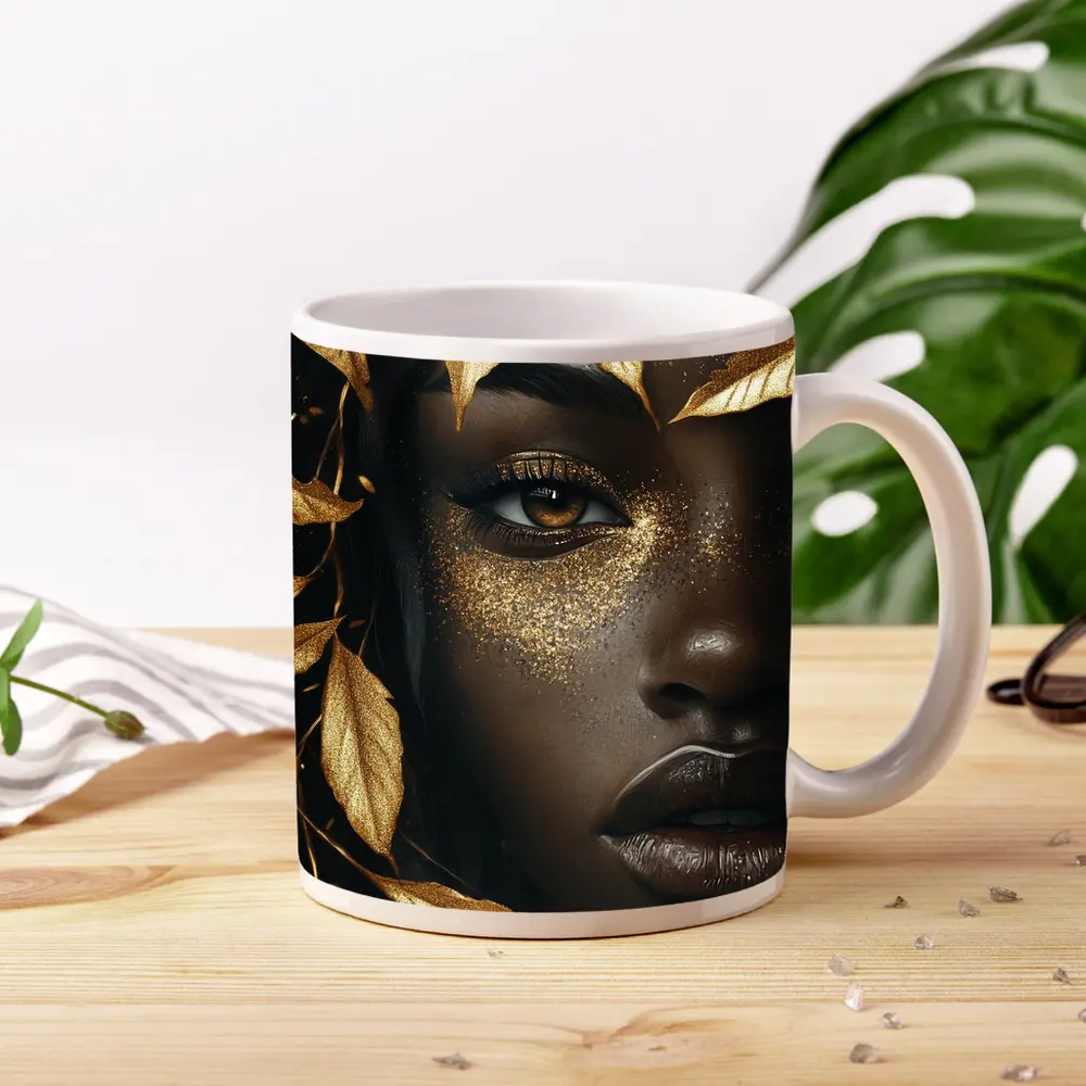 Black Woman Gold Glitter Leaves Dark Background – Mugs