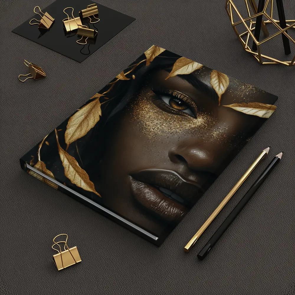 Black Woman Gold Glitter Leaves Dark Background – Notebooks
