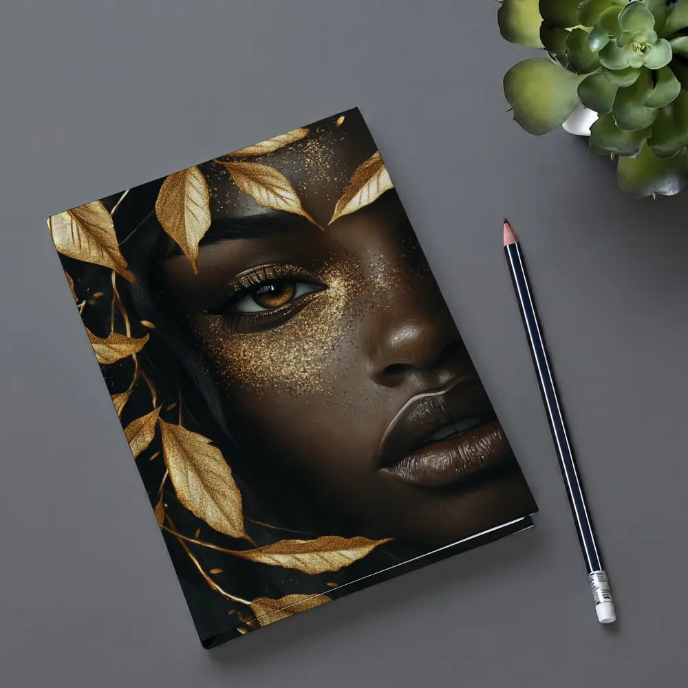 Black Woman Gold Glitter Leaves Dark Background – Notebooks