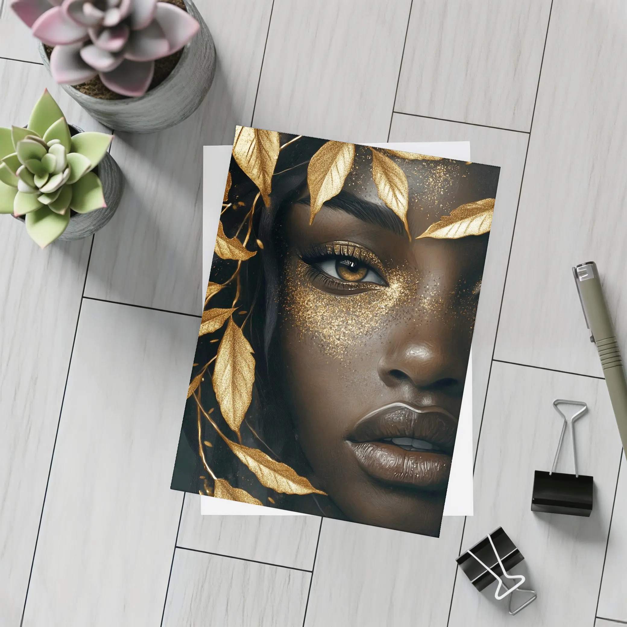 Black Woman Gold Glitter Leaves Dark Background – Postcards
