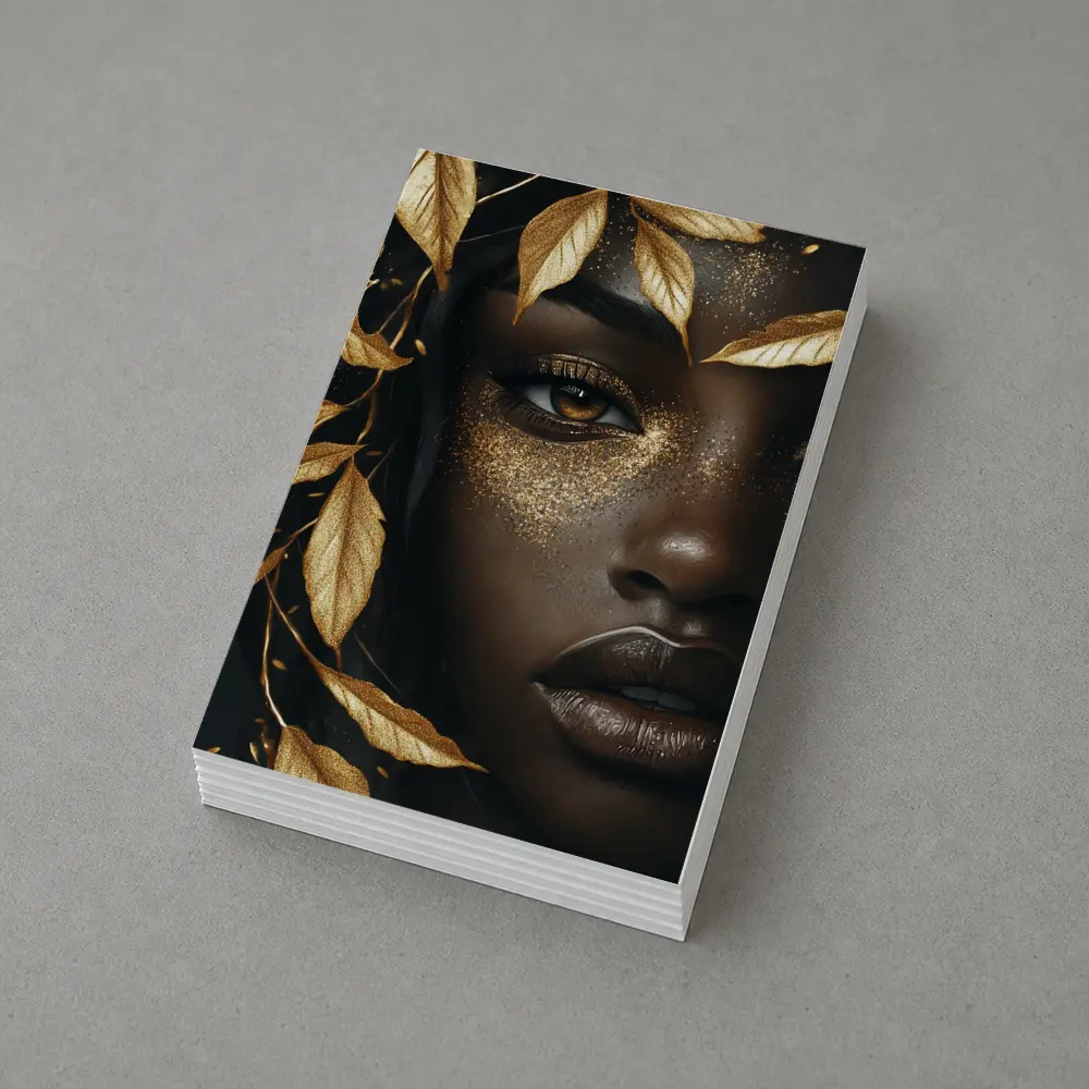 Black Woman Gold Glitter Leaves Dark Background – Postcards