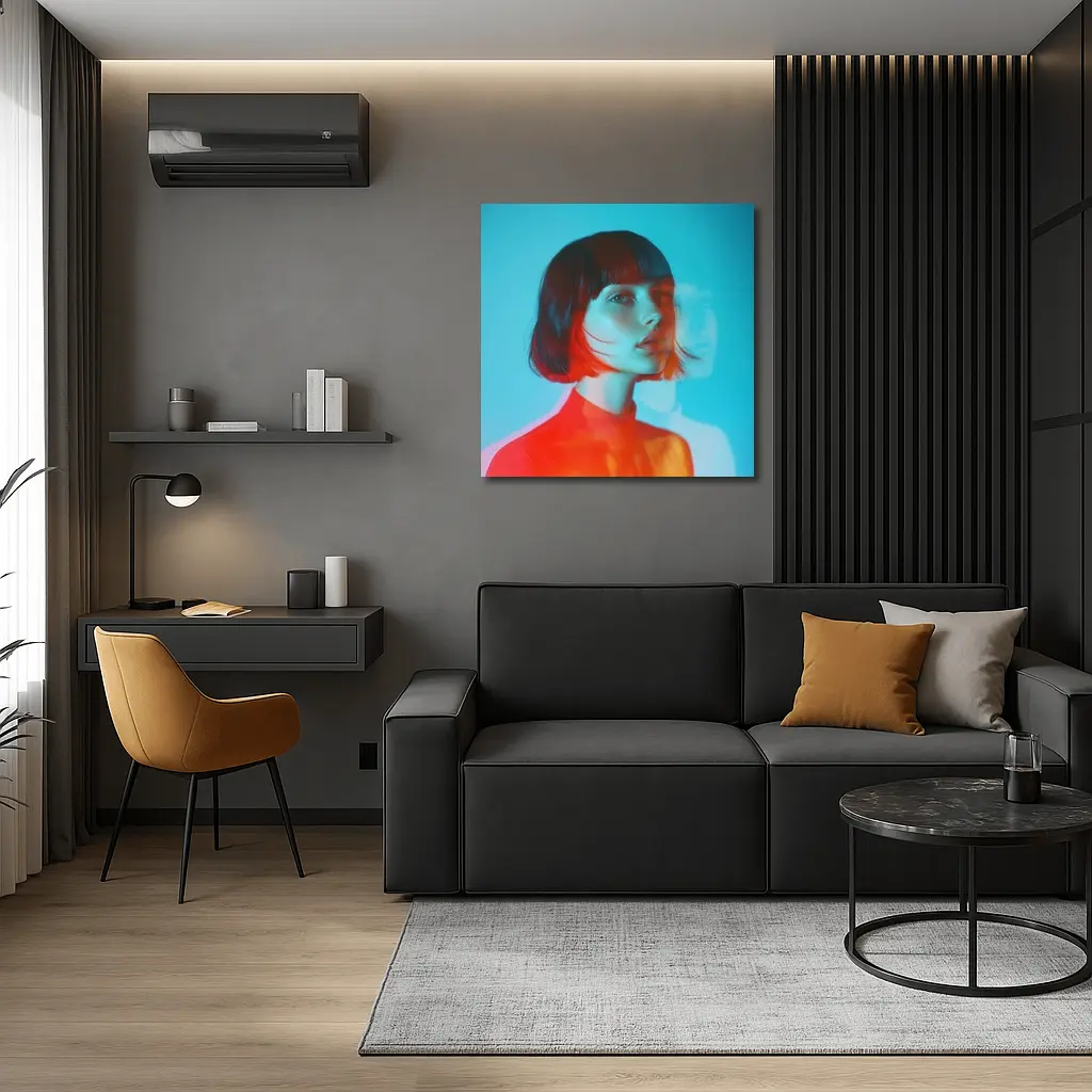 Woman Portrait Double Exposure Teal Background – Wall Art