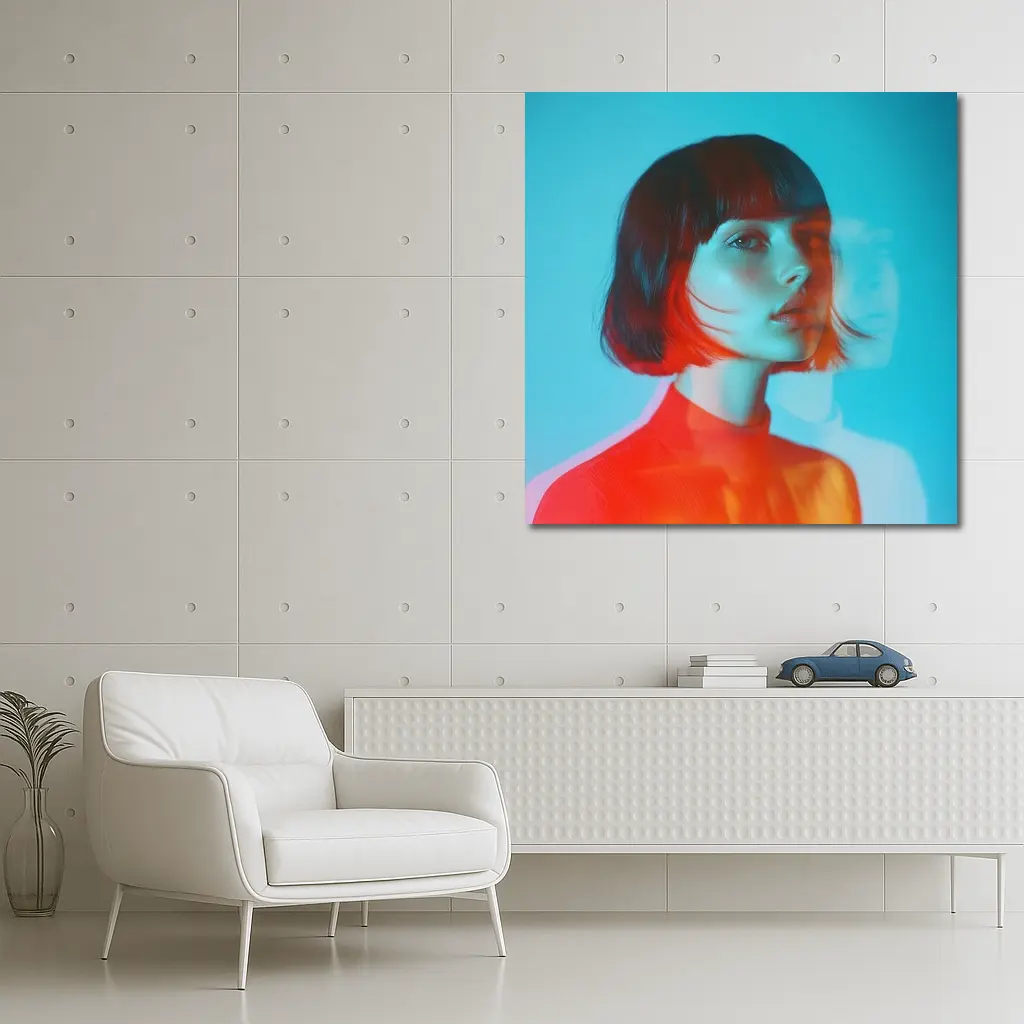 Woman Portrait Double Exposure Teal Background – Wall Art