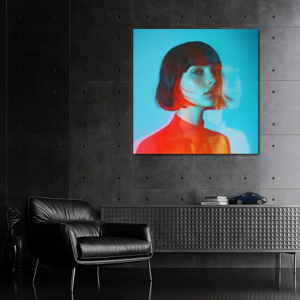 Woman Portrait Double Exposure Teal Background – Wall Art