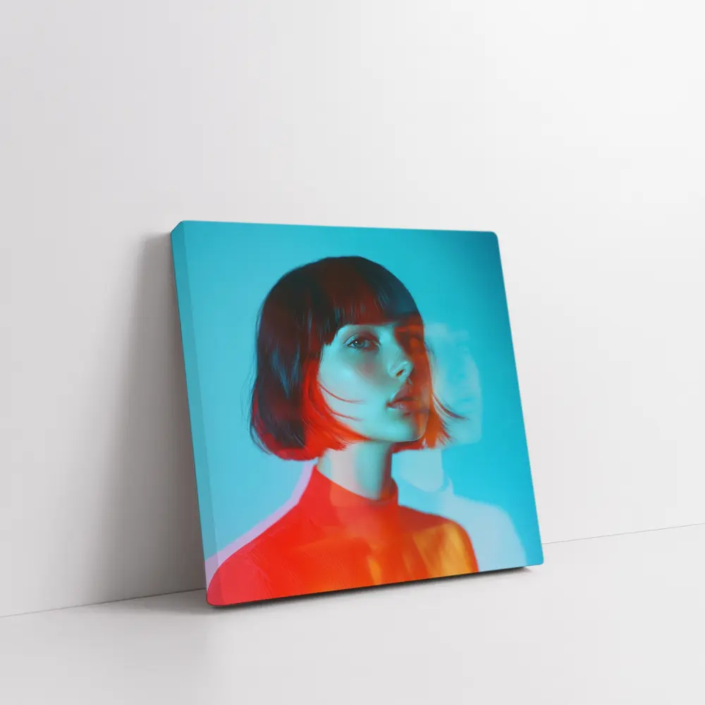 Woman Portrait Double Exposure Teal Background – Wall Art