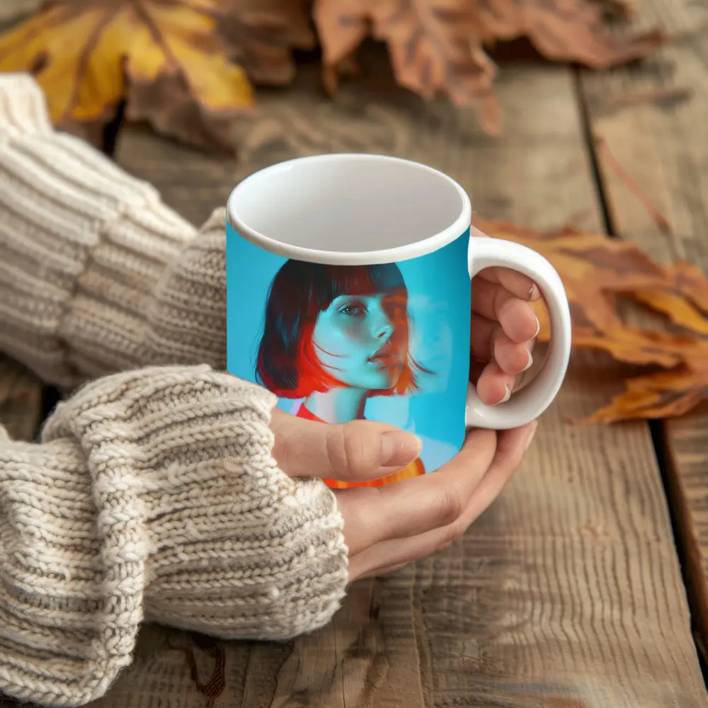 Woman Portrait Double Exposure Teal Background – Mugs