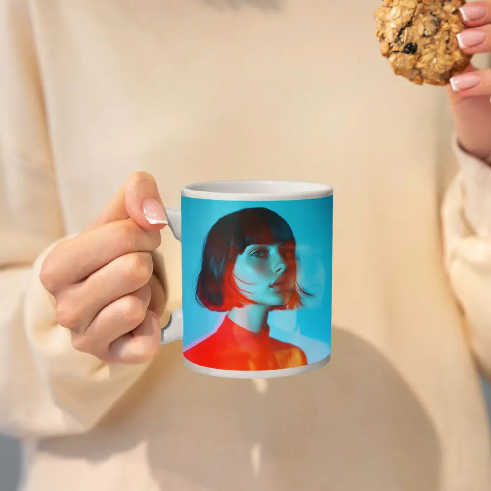 Woman Portrait Double Exposure Teal Background – Mugs