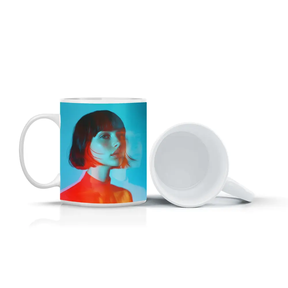 Woman Portrait Double Exposure Teal Background – Mugs