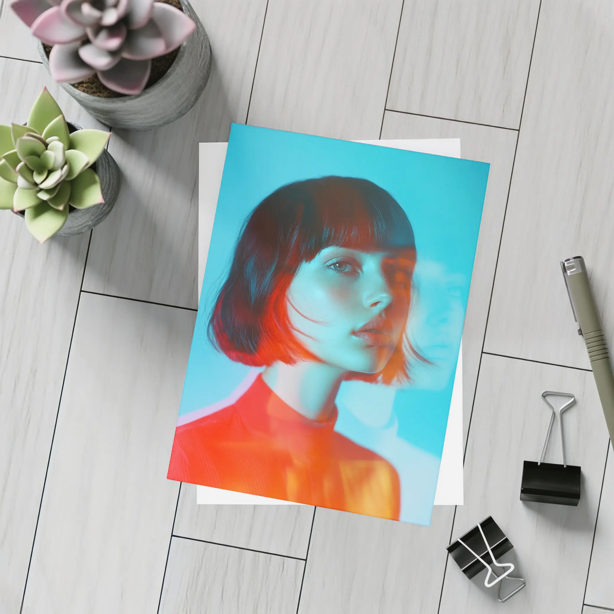 Woman Portrait Double Exposure Teal Background – Postcards